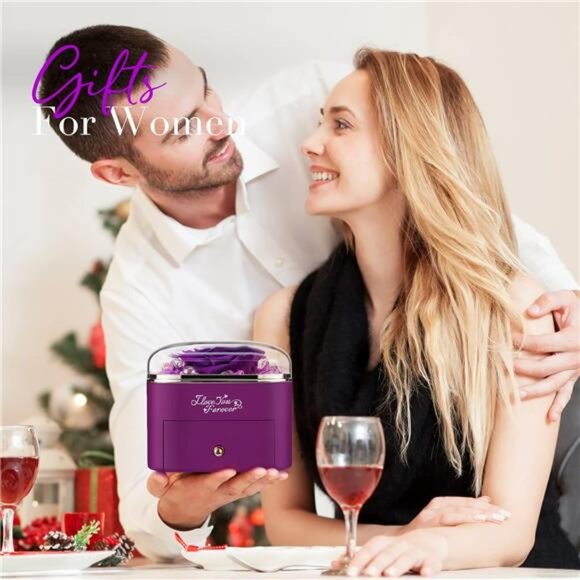 NEWNOVE Preserved Real Purple Rose with Angle Wings Necklace, Forever Flowers - Picture 5 of 7